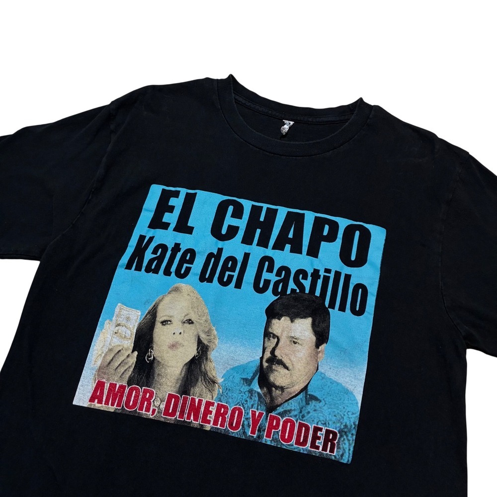 Y2K El Chapo & Kate del Castillo Amor Dinero y Poder Black Graphic T-Shirt